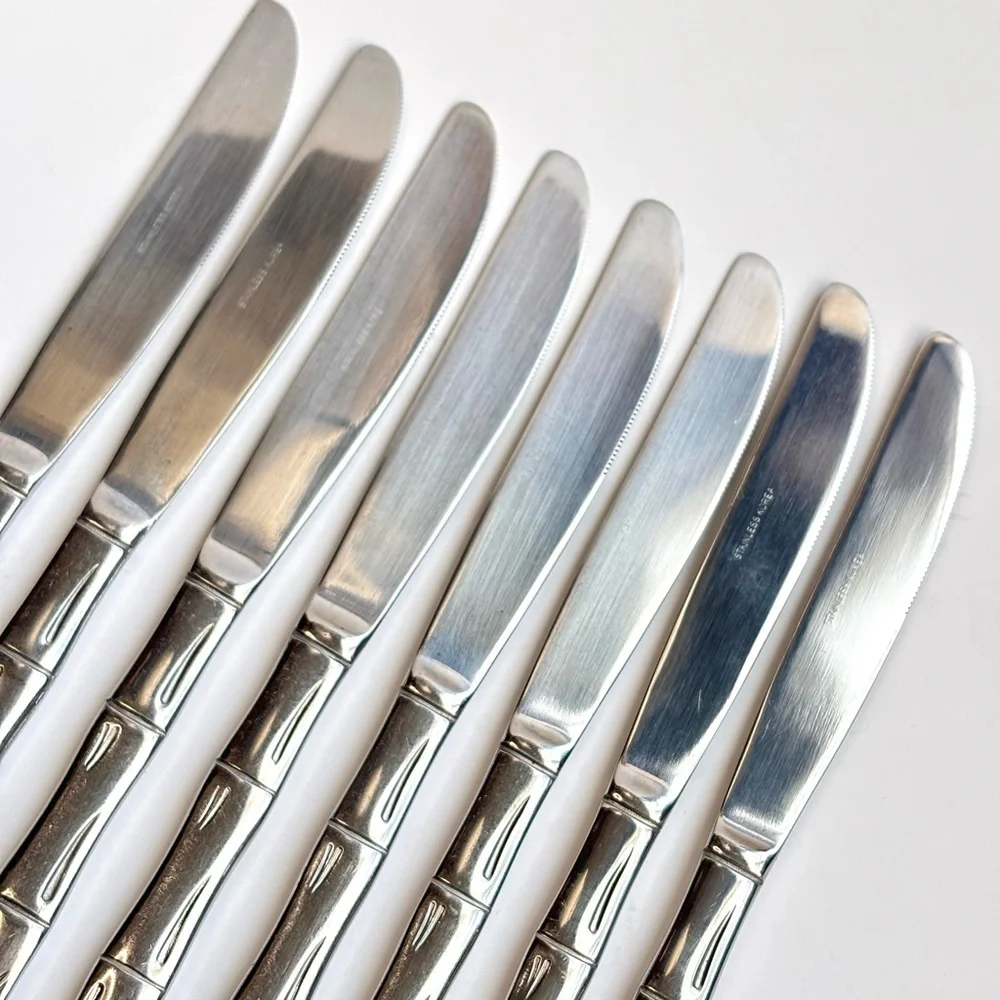 Vintage Korea Bamboo Pattern Stainless Steel Flatware‎ Knives 8 Piece Cutlery